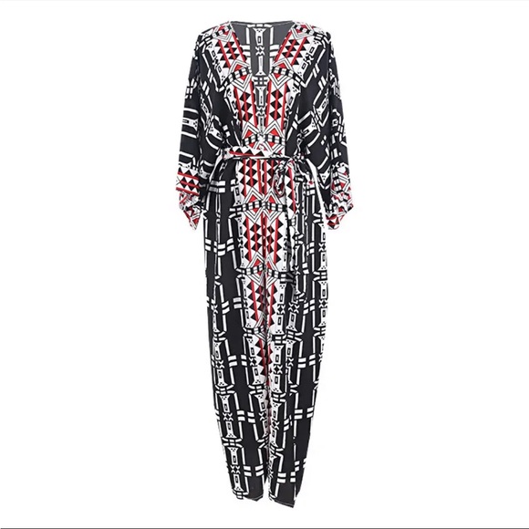 Aztec black/white print chiffon kimono robe beach cover up with adjustable sash - Picture 5 of 9